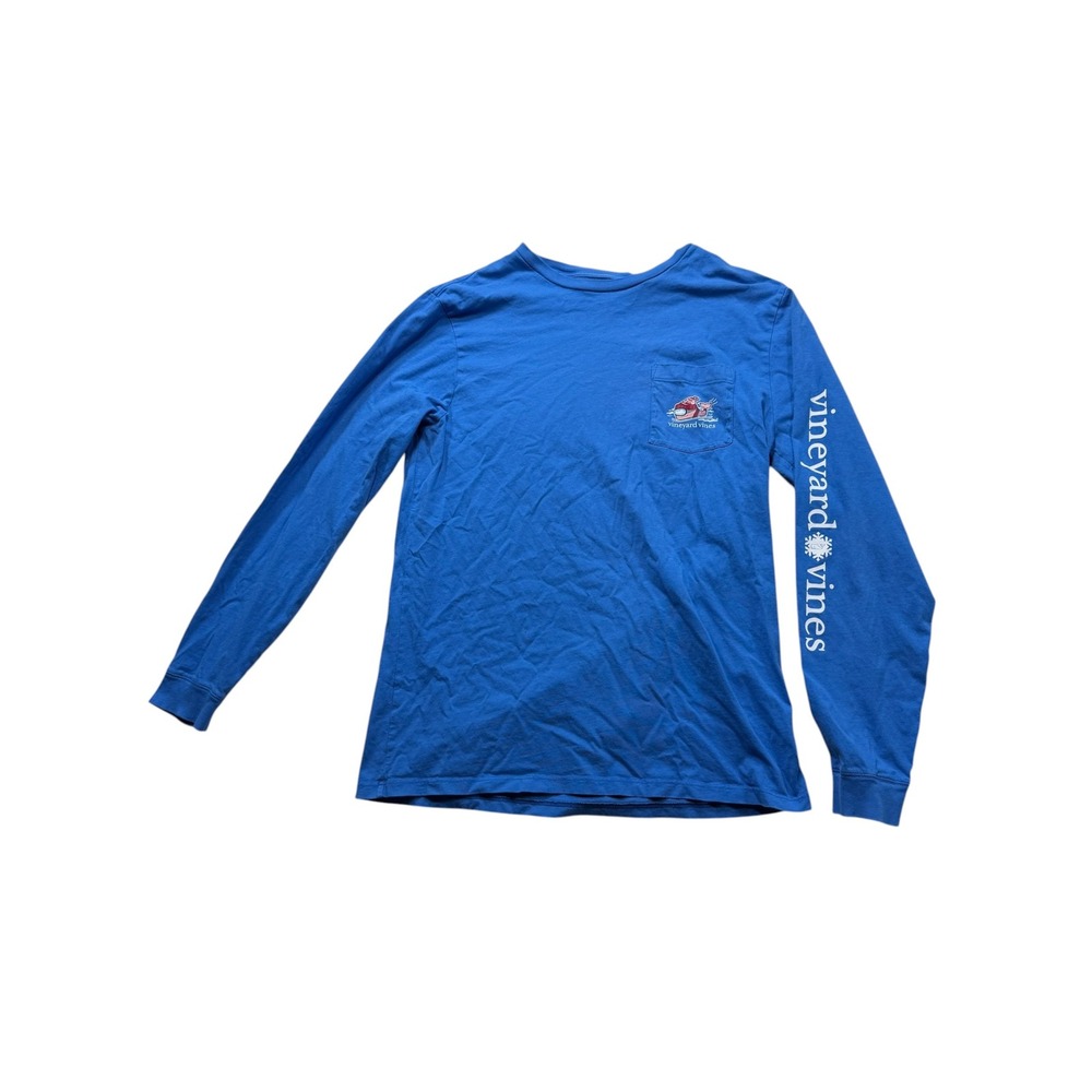 Vineyard Vines Mens Blue Holiday Ski Whale Long Sleeve Pocket T-Shirt M #1166